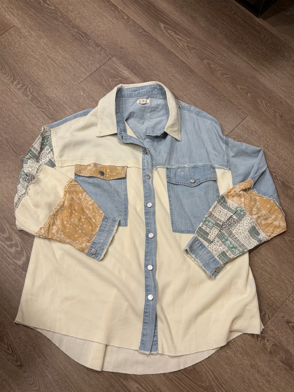 POL Patchwork Button-Down Shirt in Cream, Light Blue & Mustard